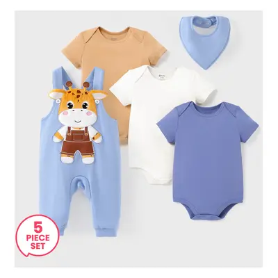 5-Pack Baby Boy/Girl Organic Cotton Romper & Giraffe Embroidery Jumpsuit & Bib Set