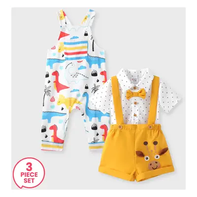 3-Piece Baby Boy Polka Dots Bowknot Shirt and Giraffe Print Overall Shorts and Dino Print Overal