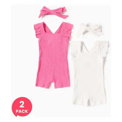 2-Pack Baby Girl Cotton Flutter-sleeve Jumpsuit with Headband