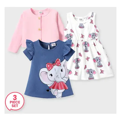 3-Piece Baby Girl Pink Cardigan and Elephant Print and Ruffled Dress Set