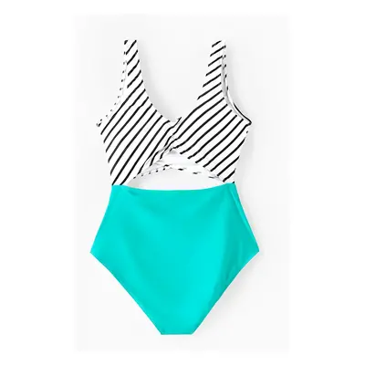 Family Matching Striped Spliced Cut Out One-piece Swimsuit and Colorblock Swim Trunks