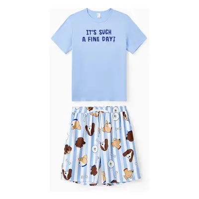 Family Matching Letter Short-sleeve Top and Cute Doggy Pattern Bottom Pajamas Set for Couple Sho