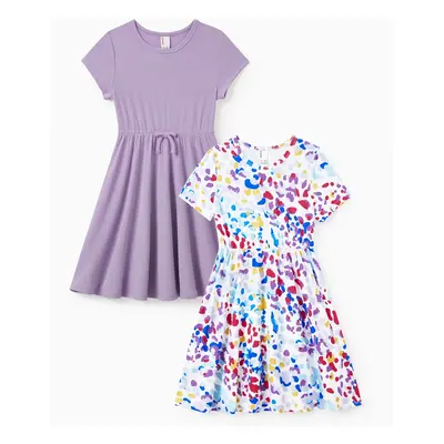 2pcs Toddler Girl Printed & Solid Causal Dresses