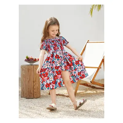 Family Matching Floral Print Short-sleeve Shirt or Off Shoulder Smocking Dresses Set