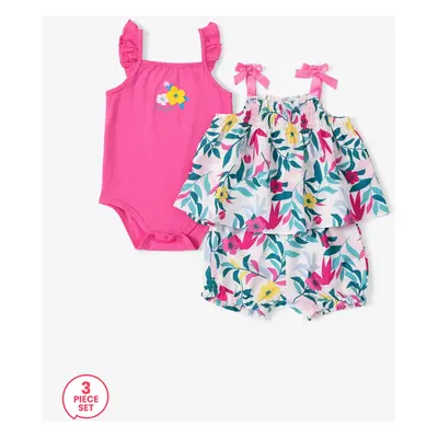 Baby Girl 3pcs Ruffled Romper and Floral Print Cami Top and Shorts Set