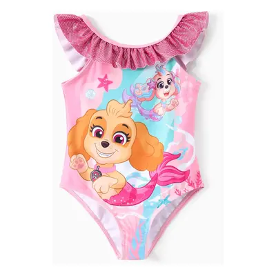 PAW Patrol Toddler Girl 1pc Skye Ocean Pattern Glossy Material Ruffle Sun Protection Swimsuit