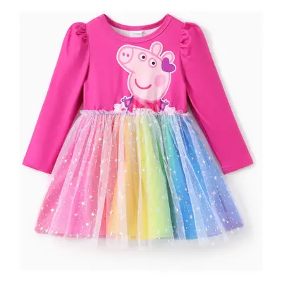 Peppa Pig Toddler Girl 1pc Character Pattern Long-sleeve Gradient/3D Floral Mesh Dress