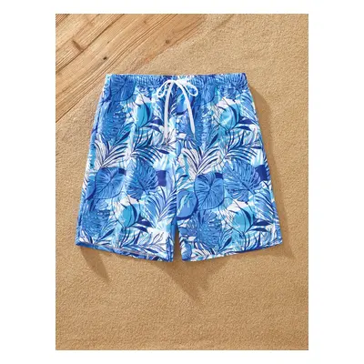 Family Matching Tropical Leaf Print Blue Swim Trunks or Pieces Tankini Swimsuit