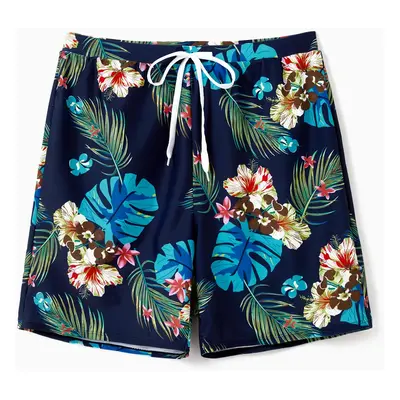 Family Matching Tropical Leaf and Flora Print Blue Swim Trunks or Pieces Tie Front Tankini Swims