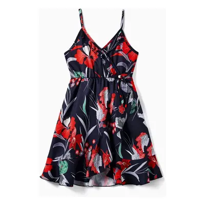 Family Matching Tropical Floral Overlap Hi-Low Ruffle Dress and Beach Shirt Sets