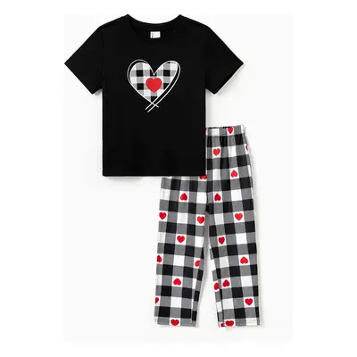 Valentine's Day Family Matching Heart Print Short-sleeve Top and Plaid Pants Black Pajamas Set