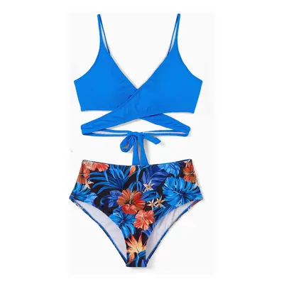 Family Matching Blue Tropical Floral Swim Trunks or Strappy Cross Two-piece Bikini