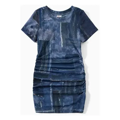 Mommy and Me Denim Patchwork Mesh Printed Ruched Drawstring Dress