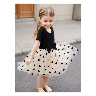 Mommy and Me Black Top Spliced Heart Pattern Mesh Dresses