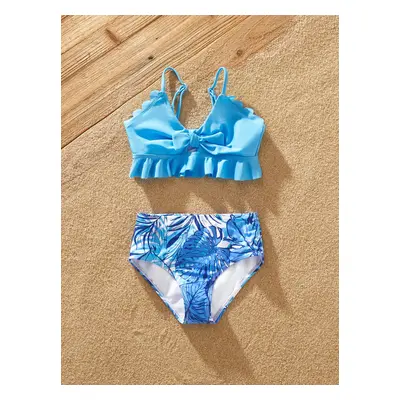 Family Matching Tropical Leaf Print Blue Swim Trunks or Pieces Tankini Swimsuit