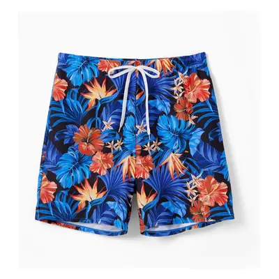 Family Matching Blue Tropical Floral Swim Trunks or Strappy Cross Two-piece Bikini