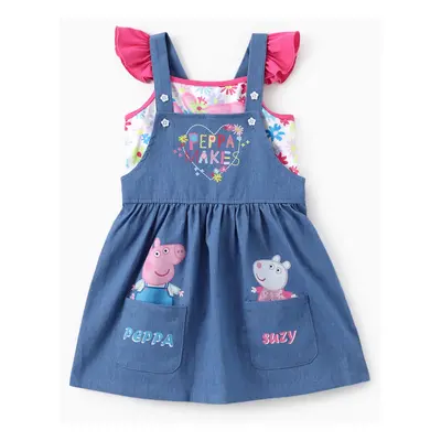 Peppa Pig Toddler Girls 2pcs Floral Character Print Flutter-sleeve Top with Overalls Denim Pocke