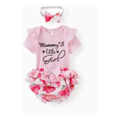 3-Piece Baby Girl Sweet Letter Romper and Multi-layer Bloomer Shorts with Headband Set