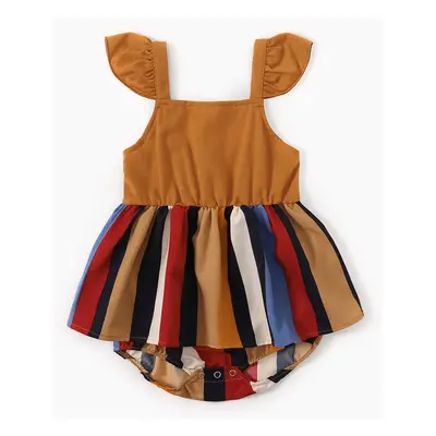 Family Matching Multicolor Striped V Neck Spaghetti Strap Belted Dresses and Colorblock Short-sl