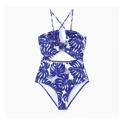 Family Matching Tropical Leaf Print Swim Trunks or Hollow-out Crisscross Straps One-piece Swimsu