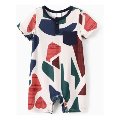 Family Matching Colorful Geometric Print Cotton T-Shirt with Pocket or Strap Belted Dress