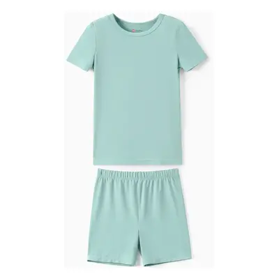 Bamboo Viscose Family Matching Solid Color Green Short Sleeve Pajama Set (Snug-Fitting for Child