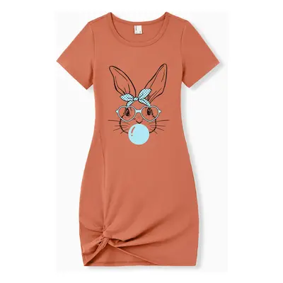 Easter Matching Rabbit Print Cotton Body-con Dress for Mom and Me