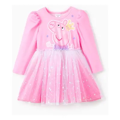 Peppa Pig Toddler Girl 1pc Character Pattern Long-sleeve Gradient/3D Floral Mesh Dress