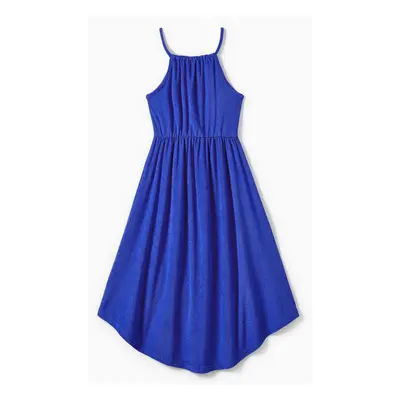 Mommy and Me Blue Terry Pleated Strap Dress