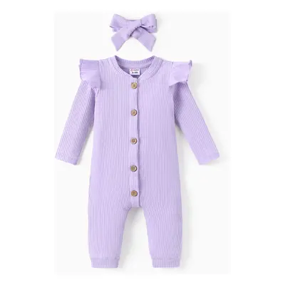 2pcs Baby Girl Solid Cotton Ribbed Ruffle Long-sleeve Button Front Jumpsuit with Headband Set