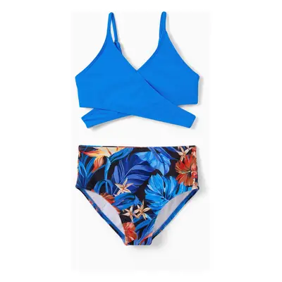 Family Matching Blue Tropical Floral Swim Trunks or Strappy Cross Two-piece Bikini