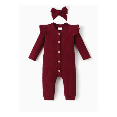 2pcs Baby Girl Solid Cotton Ribbed Ruffle Long-sleeve Button Front Jumpsuit with Headband Set