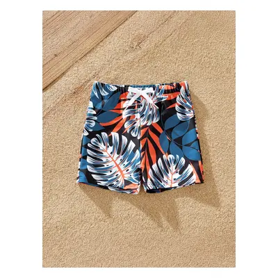 Family Matching Solid Splicing Palm Leaf Print Spaghetti Strap One-Piece Swimsuit and Swim Trunk