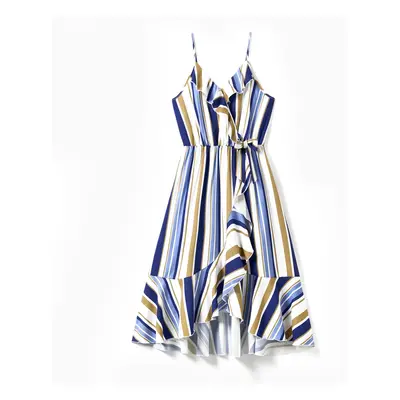 Family Matching Vertical Stripe Shirt and Overlap Flutter Trim Bow Decor Ruffle Hem Dress Sets