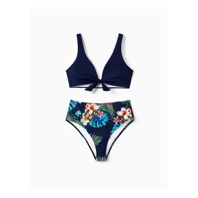 Family Matching Tropical Leaf and Flora Print Blue Swim Trunks or Pieces Tie Front Tankini Swims