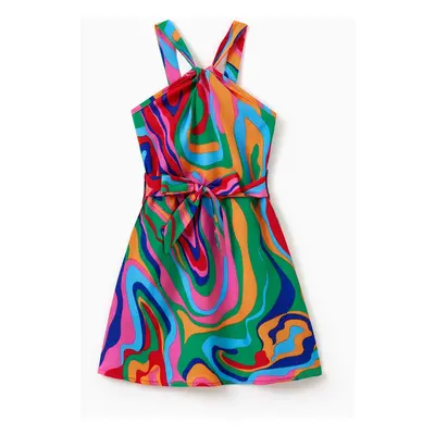 Family Matching Vibrant Tie-Dye Print A-Line Belted Sundress for Mommy & Me