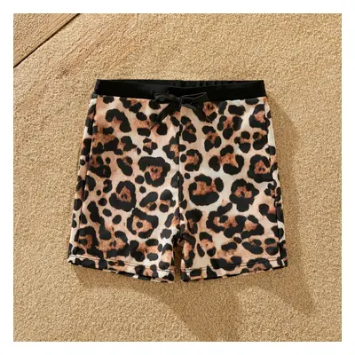 Family Matching Leopard Printed Swim Trunks or One-Piece Cross Back Splicing Swimsuit