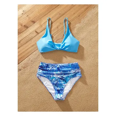 Family Matching Tropical Leaf Print Blue Swim Trunks or Pieces Tankini Swimsuit