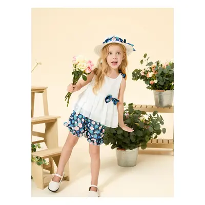 3pcs Toddler Girl Bow Decor Hat & Layered Ruffled Tank Top & Floral Print Shorts Set