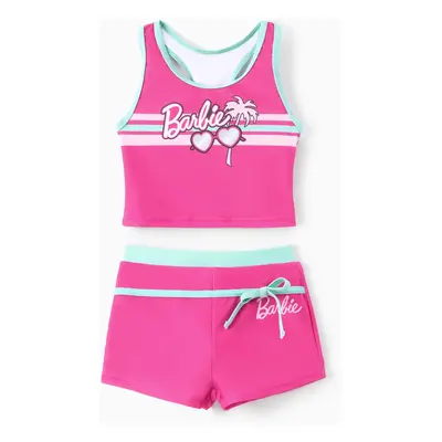 Barbie Toddler/Kid Girl 2pcs Striped Glasses Coconut Tree Print Colorblock Bowknot Tank Top And 