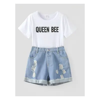 2pcs Kid Girl Letter Print Short-sleeve White Tee and Ripped Denim Shorts Set