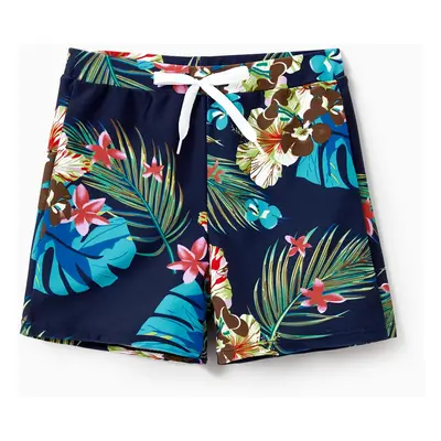 Family Matching Tropical Leaf and Flora Print Blue Swim Trunks or Pieces Tie Front Tankini Swims