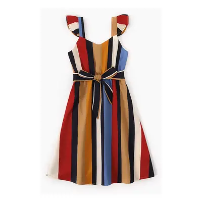 Family Matching Multicolor Striped V Neck Spaghetti Strap Belted Dresses and Colorblock Short-sl