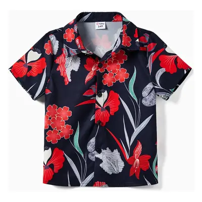 Family Matching Tropical Floral Overlap Hi-Low Ruffle Dress and Beach Shirt Sets