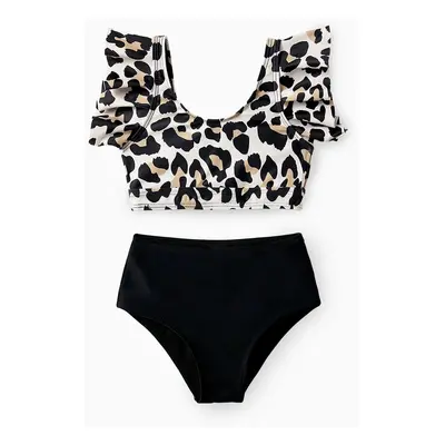 Family Matching Leopard Pattern Drawstring Swim Trunks or Ruffle Neck Two-Piece Bikini with Opti