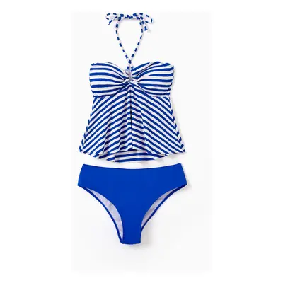 Family Matching Blue Striped Swim Trunks or Pieces Halter Tankini Swimsuit