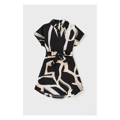 Family Matching Color Block Cotton Tee or Modern Abstract Print Short Sleeve Dress with Waist Be