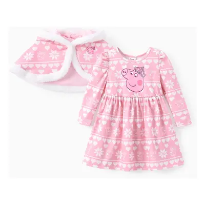 Peppa Pig Toddler Girl 2pcs Character Snowflake Heart Allover Print Long-sleeve Dress With Plush