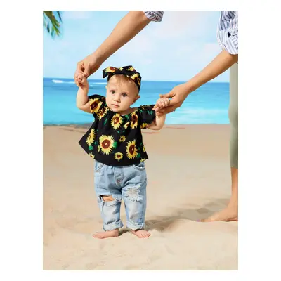 Baby Girl 3pcs Sweet Off-Shoulder Tee and Denim Jeans and Heandband Set