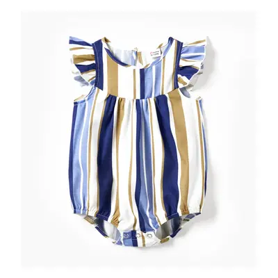 Family Matching Vertical Stripe Shirt and Overlap Flutter Trim Bow Decor Ruffle Hem Dress Sets